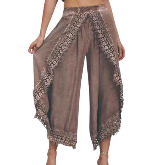 Широкие брюки с высокой талией девятой длины, однотонные женские повседневные брюки с кружевной отделкой, женская одежда