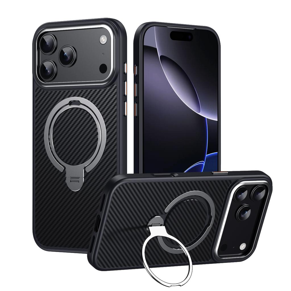 Магнитный чехол с рисунком под карбон и вращающейся на 360° подставкой для iPhone 17 Pro Max 16 Plus 15 14 13 12. Удобный захват, тонкая накладка