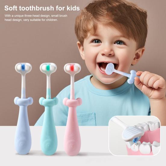 Children Toothbrush with Three-Head Design Cartoon Shape Bright Color Soft Bristles Kids Toothbrush Oral