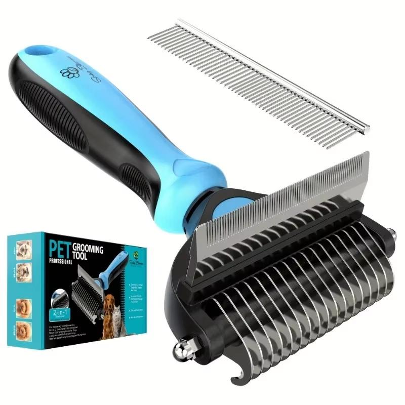 Pet 2-in-1 Dual Side Dematting Brush Safe Deshedding Grooming Comb Gentle For Dogs Cats Protect Skin Loose Knot Fur Remover Tool