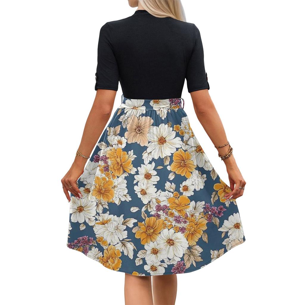 Женское модное повседневное платье с коротким рукавом и круглым вырезом с цветочным принтом и элегантным темпераментом