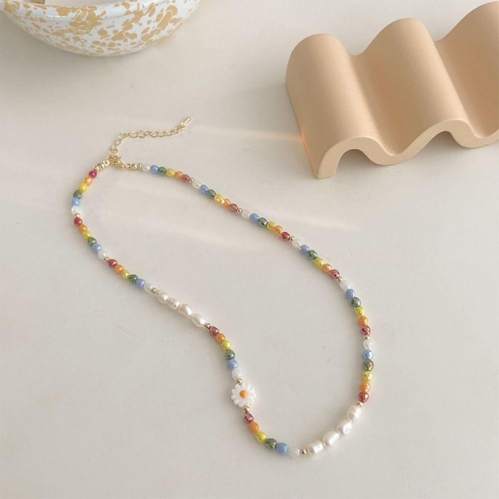 Minority Design Daisy Bracelet Bead Flower Pearls Clavicle Chain Rice Bead Necklace  Decoration