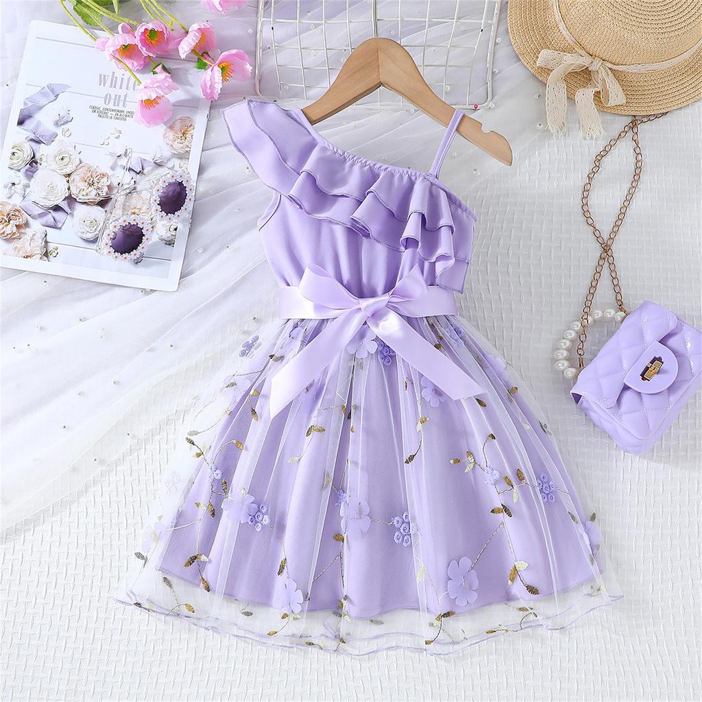 Summer Children Leaf Inclined Shoulder Strap Craft Skirt Girls Fashion Casual Dress