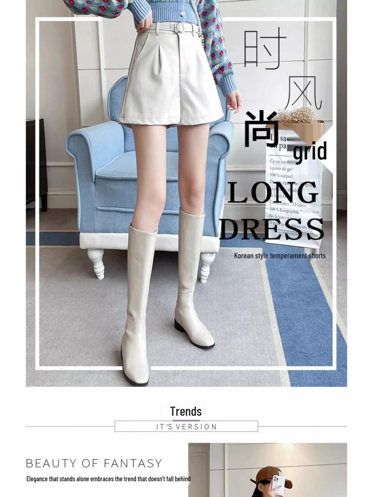 2024 Осень/Зима Шорты из ПУ кожи с высокой талией, облегающие, черные, для женщин