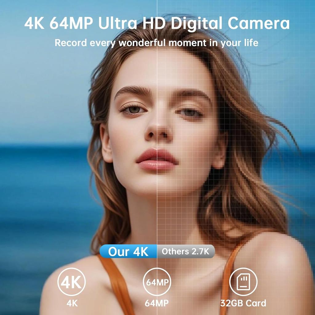 4K Digital Camera for Photography with WiFi, 2025 Latest Auto-Focus Vlogging Camera for YouTube Video 3'' 180° Flip Screen Travel Cameras 16X Zoom