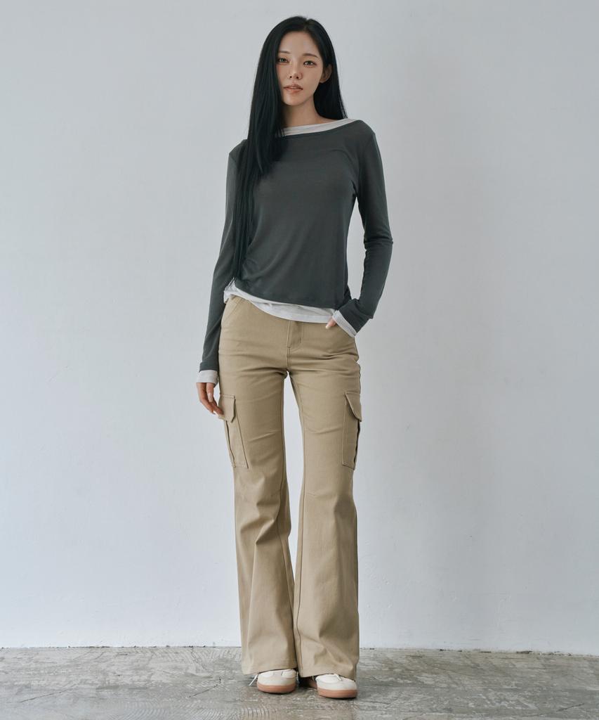 WAARFORWOMAN W1154 Брюки-карго bootcut с D-образным кольцом_Бежевый
