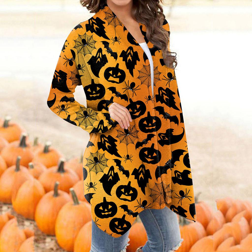 Women's Fashion Casual Floral Halloween Print Medium Length Cardigan Jacket Coat