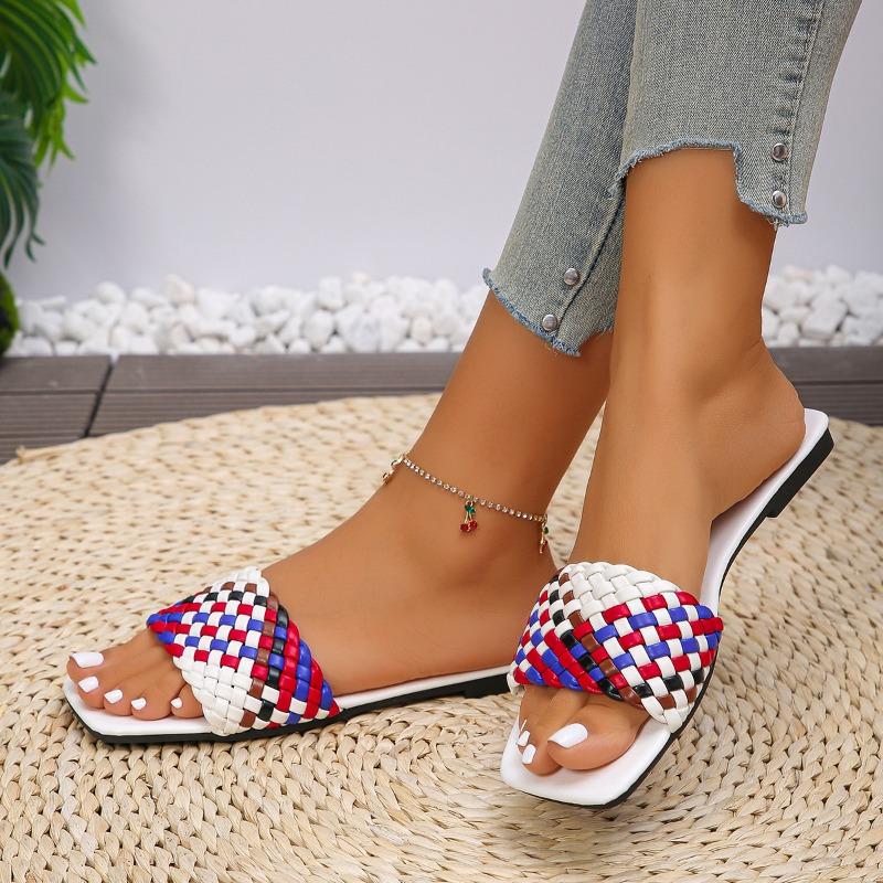 Мода 2025Женские тапочки Дизайнерские тапочки с квадратным носком Летние шлепанцы с открытым носком Пляжные шлепанцы Модные плетеные вручную тапочки для женщин Слайды