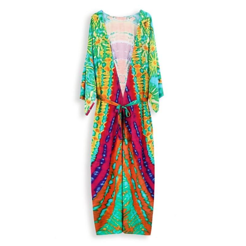 EDOLYNSA богемный купальник, накидка в полоску в стиле ретро, ​​женская летняя одежда с поясом, длинное платье-кимоно, пляжная одежда, накидки на бикини Q1521