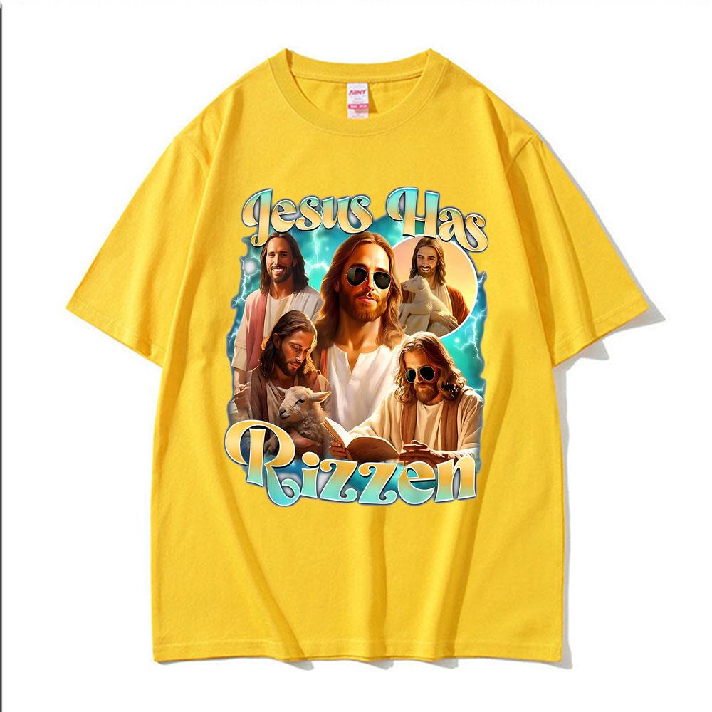 Jesus Has Rizzen He Ls Rizzin Funny Christian Religious Tee Shirt Men Women Summer Tshirt Vintage Oversized T Shirt Streetwear