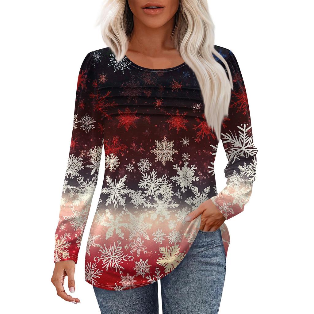 Женская модная повседневная рождественская футболка с круглым вырезом и длинными рукавами