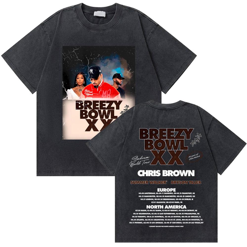 Стирка Рэпер Крис Браун Breezy Bowl XX Мировой Тур Футболки Мужчины Женщины Хип-Хоп Ретро Футболка Мужская Мода Тренд Уличная Мода