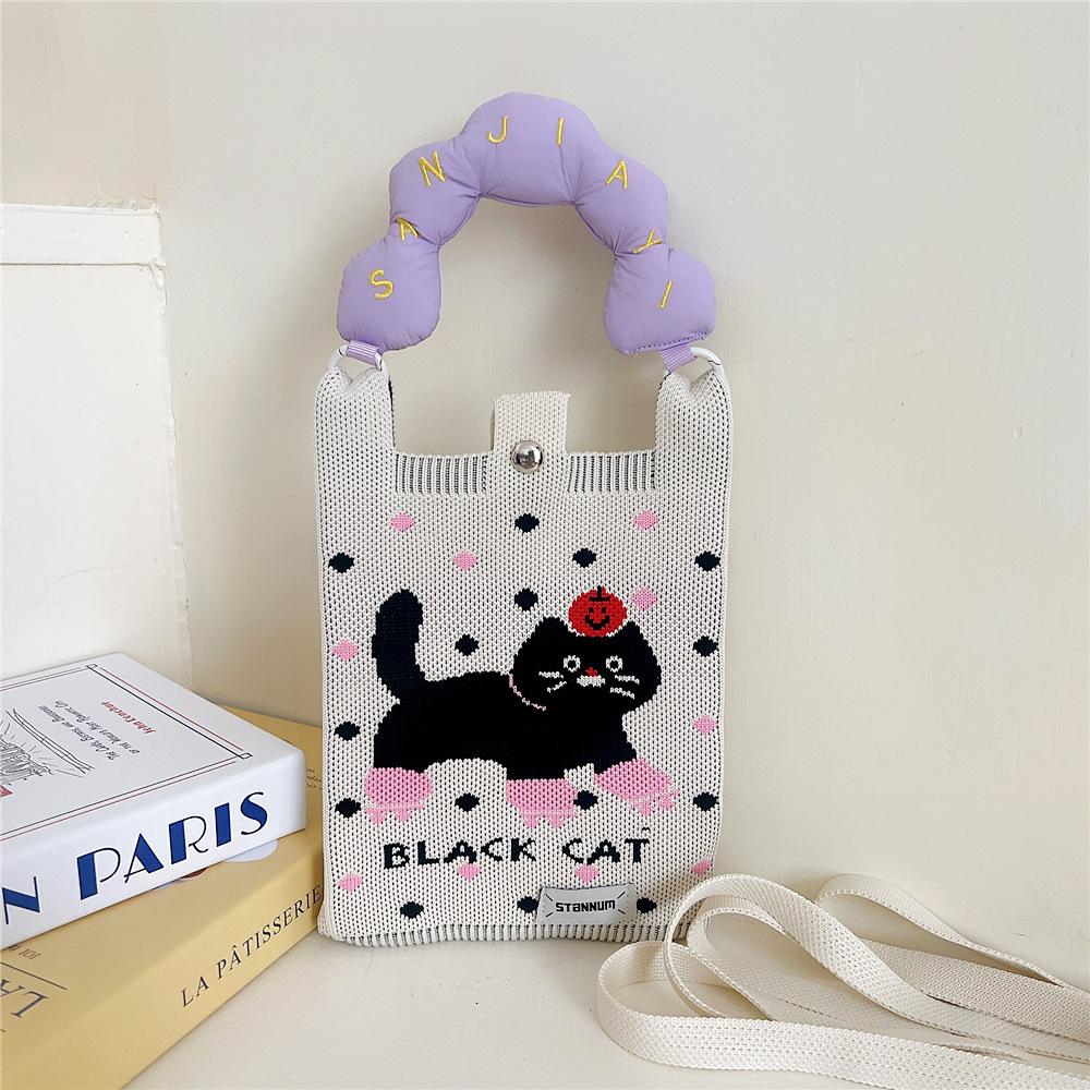 Knitted Mobile Phone Bag For Women In Spring And Autumn Cute Cartoon Versatile One Shoulder Diagonal Cross Bag Travel Coin Purse Small Handbag