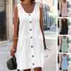 Women Summer Dress Solid Color Sleeveless Button Decor U Neck Loose Dress-up Strap Breathable Lace Up Party Dress Female Clothes