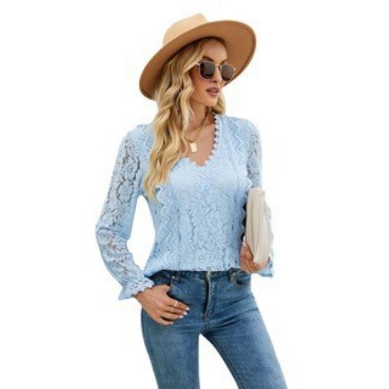 Весенне-осенняя женская блузка с длинными рукавами, однотонная, с ажурным кружевом, сексуальный трикотажный топ