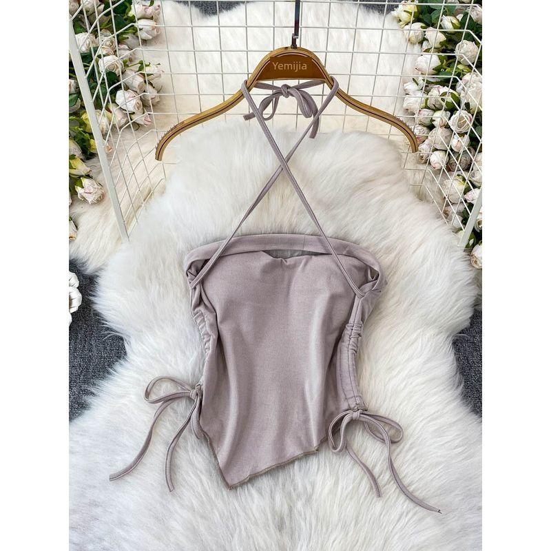 Gyaru Sexy Shoulder Strap Chest Pad Halter Top Women Summer Drawstring Slim Fit Slimming Irregular Short Top