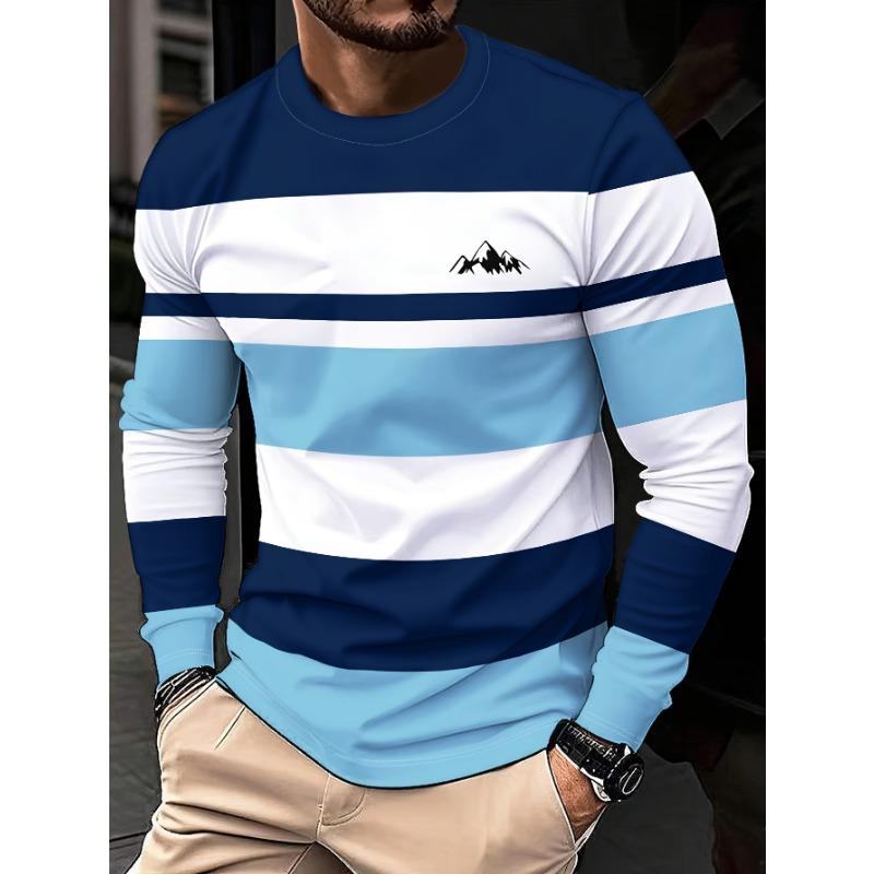 Men's Long Sleeved T-shirt - Navy Blue and White Horizontal Stripe Shirt, Regular Style Breathable Top for Spring and Summer Casual Wear