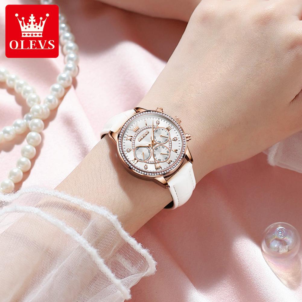 Women's Watches Fashion Elegant Diamond Bezel Watch for Ladies Soft Leather Strap Waterproof Luminous Chronograph