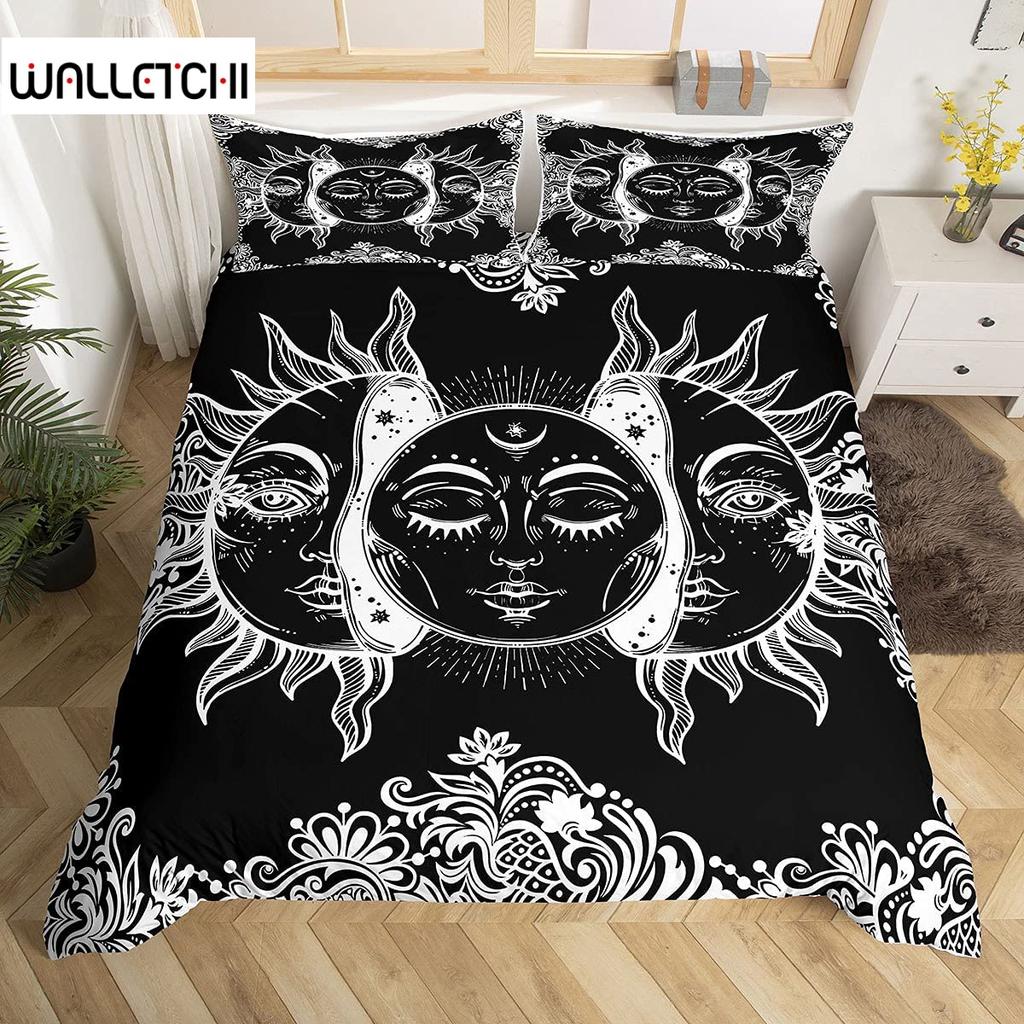 Комплект постельного белья Mandala с завязками на постельном белье Sun and Moon в экзотическом стиле, черно-белый, с ботаническим и цветочным узором, из полиэстера