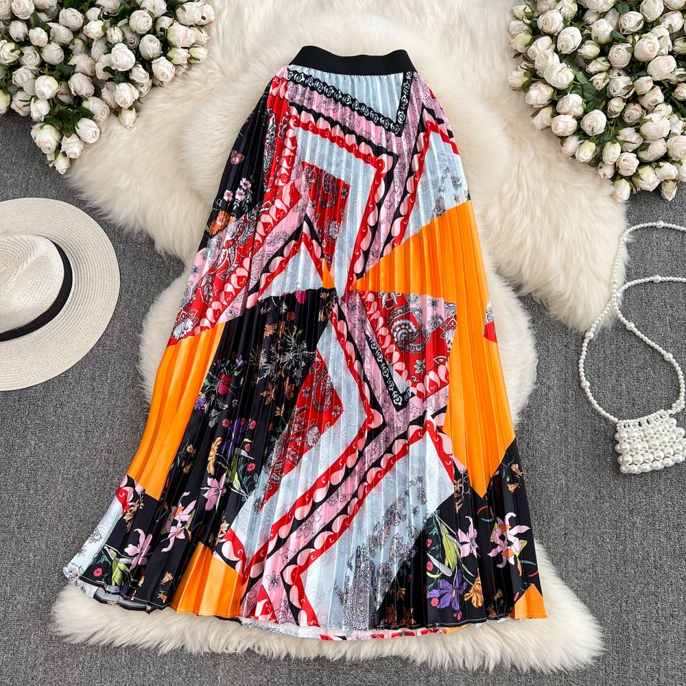 Летняя тонкая юбка средней длины выше колена с высокой талией и принтом, плиссированная юбка-трапеция с эластичной резинкой на талии, распашная юбка