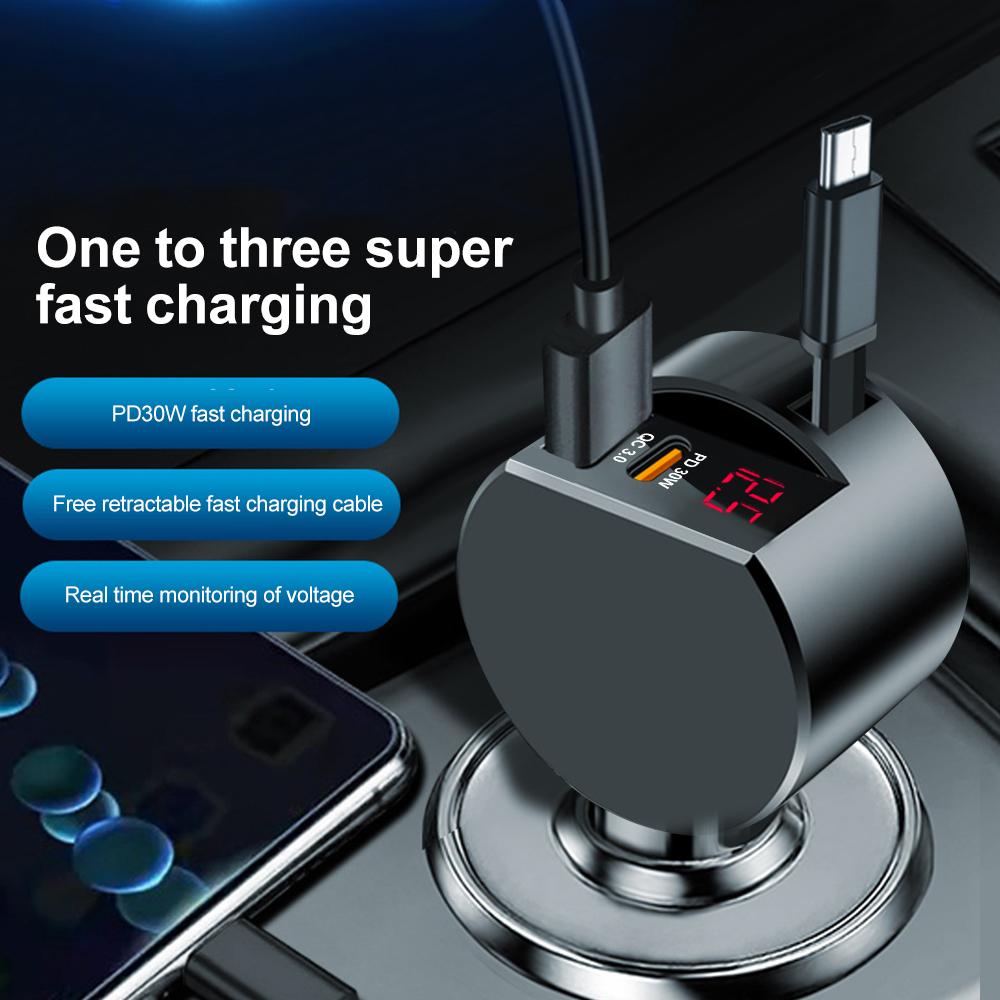 Автомобильное зарядное устройство Super Fast Charge Flash Charging с телескопическим кабелем, детектором напряжения, 3 в 1, с портами USB Type C, адаптер