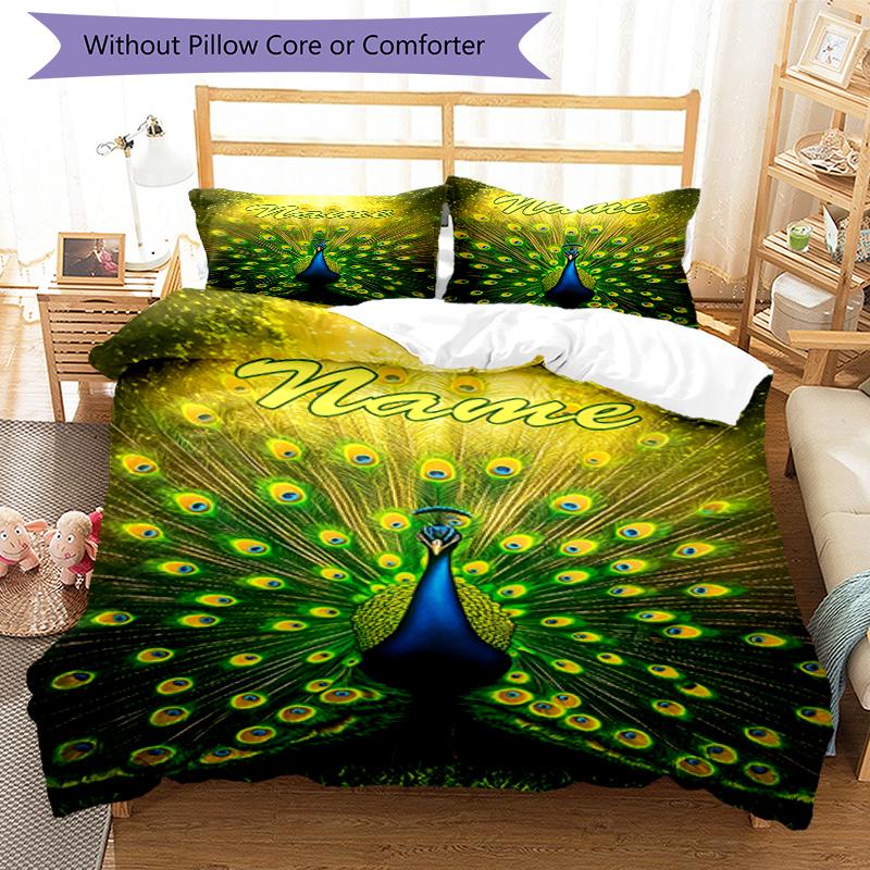 3pcs Custom Name Peacock Bedding Set Duvet Cover Closure Includes 1 Duvet Cover & 2 Pillowcases, Soft and Comfortable for All Seasons.