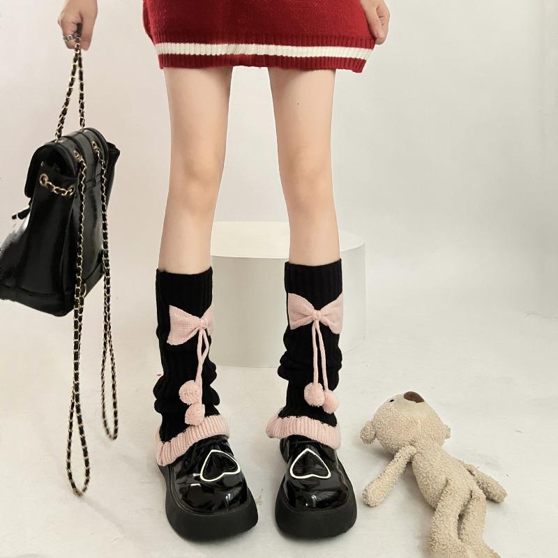 Sweet Autumn and Winter Pom-pom Lace Contrasting Color Sock, Jk Girl Pink Bow Leg Cover, Dui Dui Sock