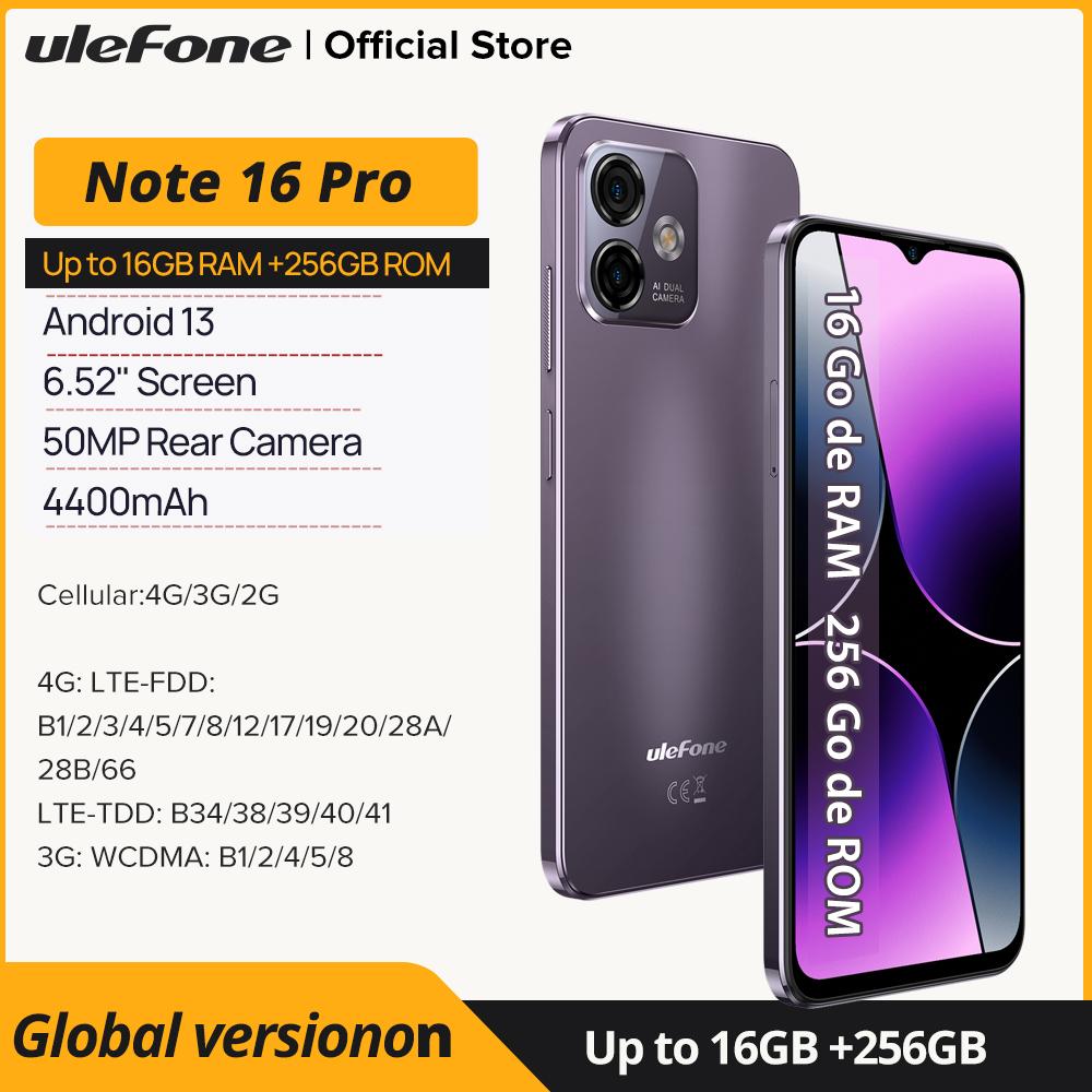 Ulefone Смартфон Note 16 Pro, 512 ГБ ПЗУ/128 ГБ ПЗУ/256 ГБ ПЗУ, Android 13, глобальная версия, телефон, 50 МП, 6,52 дюйма, 4400 мАч, GPS, 4G, сотовая связь