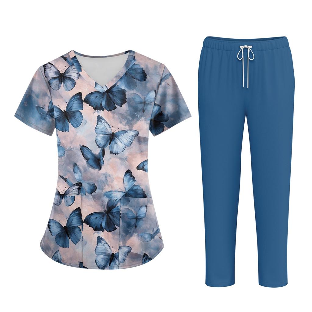 Плюс размерСкраб с принтом Рабочая форма Топы для женщин Крест V-образным вырезом Хэллоуин Принт с короткими рукавами Забавные футболки Спецодежда Футболка с карманами