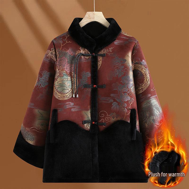 Зимние пальто для женщин среднего и пожилого возраста: Подбитый мехом костюм Тан с застежками-лягушками для мам и бабушек