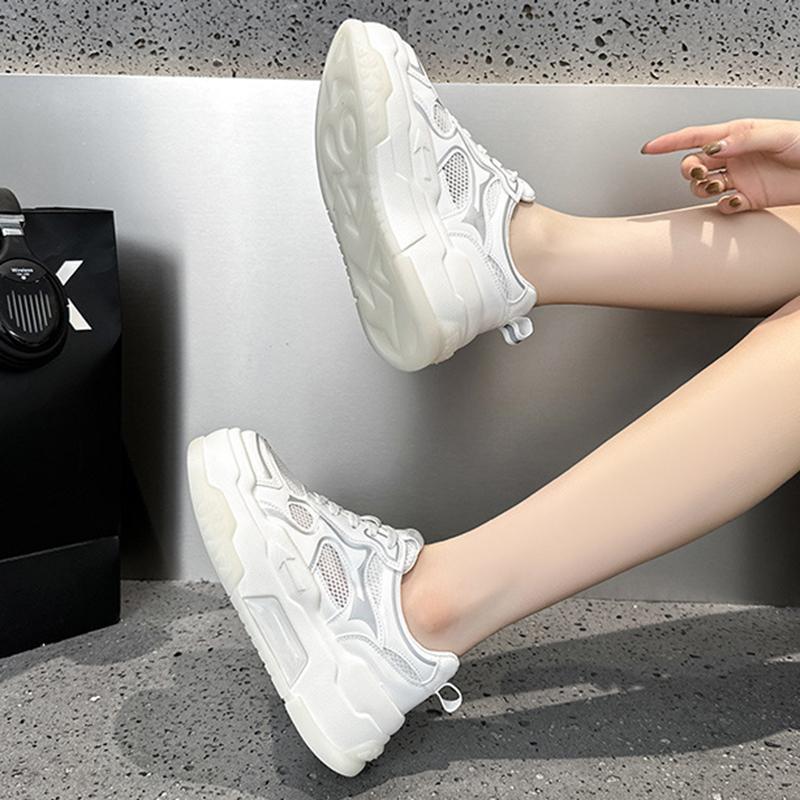 Summer Mesh White Shoes Women Breathable Mesh Chunky Fashion Lace-up Thick Bottom Height Increasing Casual Trainers Size 35-40