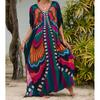Women's Boho Cover Up, Plus Size Contrast Loose Fit Vacay Beach Kaftan Dress