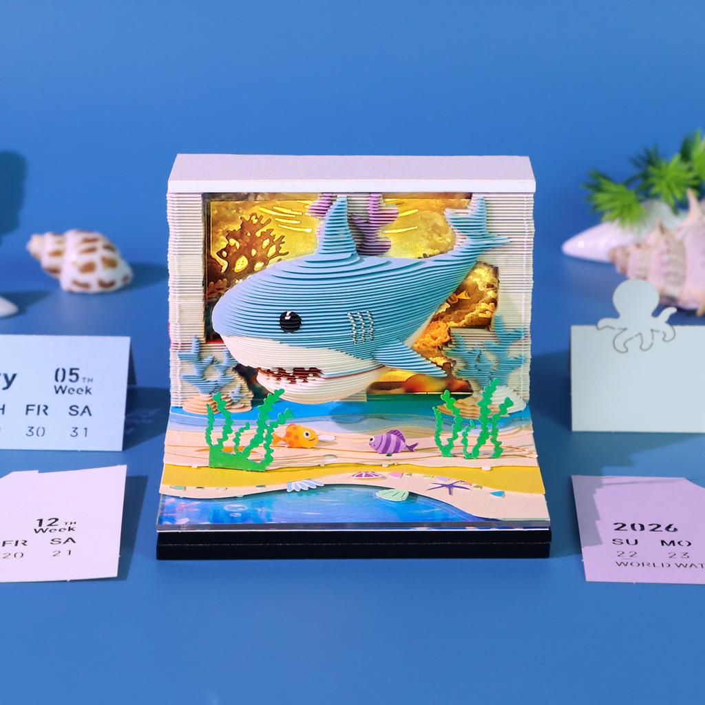 Creative Shark Model Hidden Tear-off Paper Desk Ornament Gift 3D Ocean Animal Memo Sculpture with Calendar LED Light Handmade