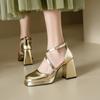 Summer Square Heel Square Head Gold Roman Sandals New Women's High Heel Sandals Waterproof Table Thick Sole Large Size Shoes Casual