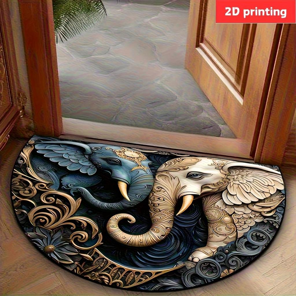 Elephant-Themed Semi-Circle Welcome Mat - Non-Slip Polyester Door Mat with Artistic Elephant Design - Decorative Home Accessory