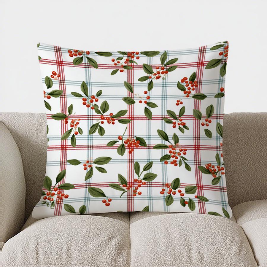 Christmas Holly Ball Pattern Throw Pillow Cover With Short Plush Print Living Room Sofa Decoration Cushion Cover Pillow Covers