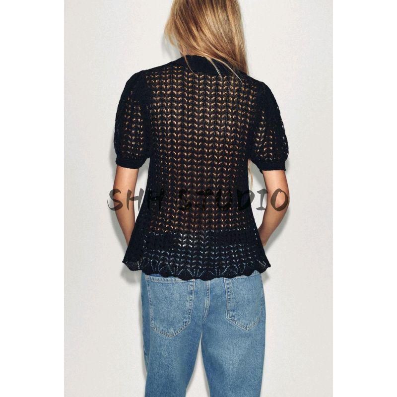 Autumn New Women's Clothing Minimalist Wave Bottom Cut Out Knitting Polo Shirt Collar Short Sleeve Tops 6236105