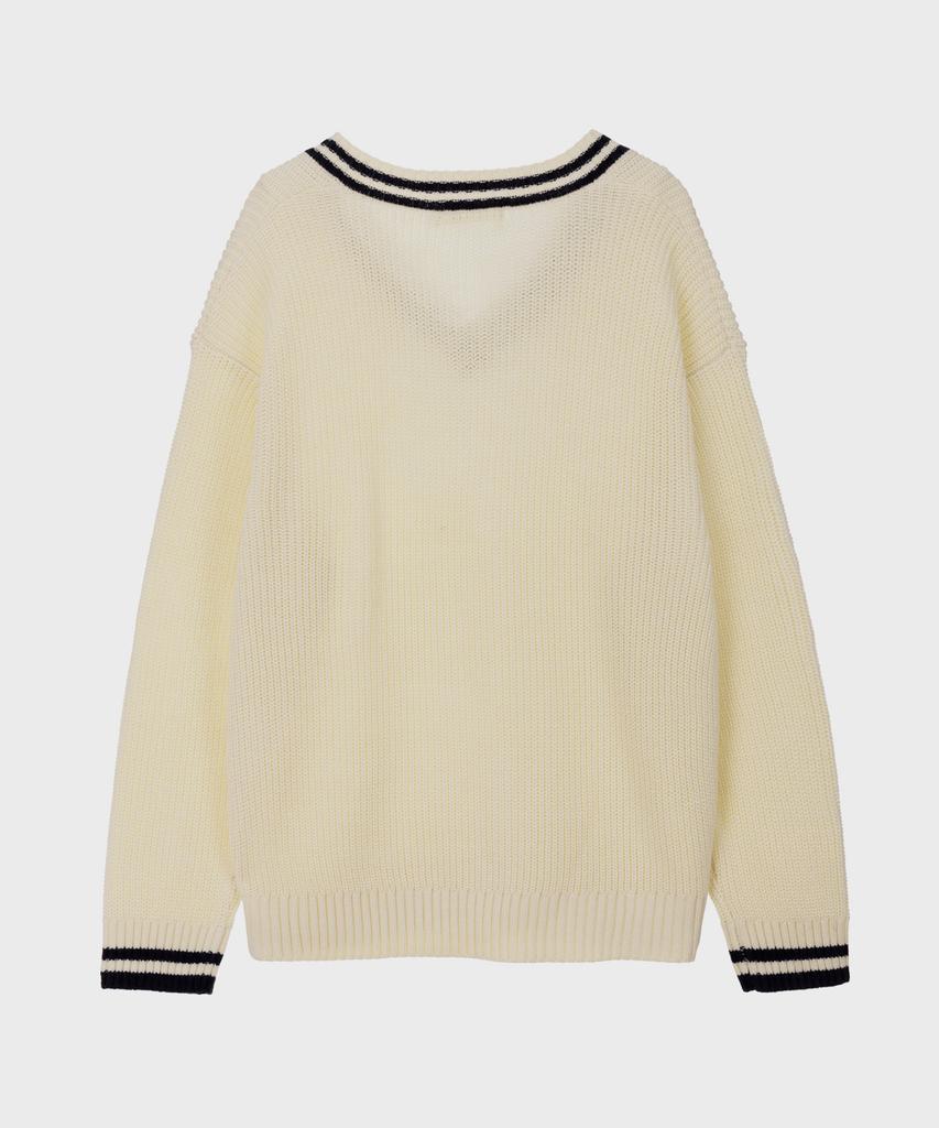 BASIC HOUSE Uni V-Neck Contrast Knit Ivory Lxkt2102