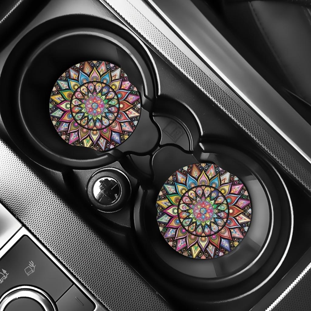 Retro Mandala Flower Absorbent Car Cup Holder Coaster Mats - Car Interior Accessories,Water Cup Coasters For Car Vehicles & Home Desk