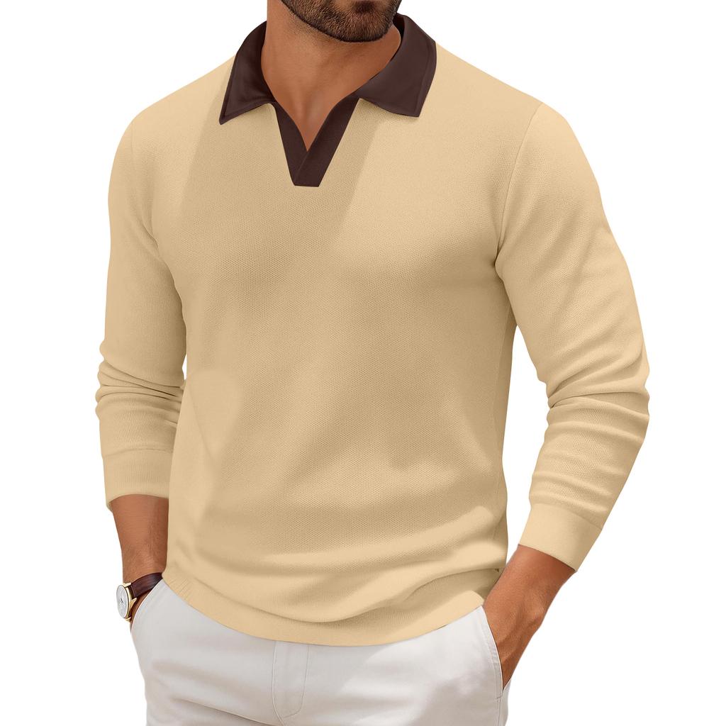 Мужской повседневный трикотажный базовый топ с длинным рукавом и воротником в стиле колор-блок