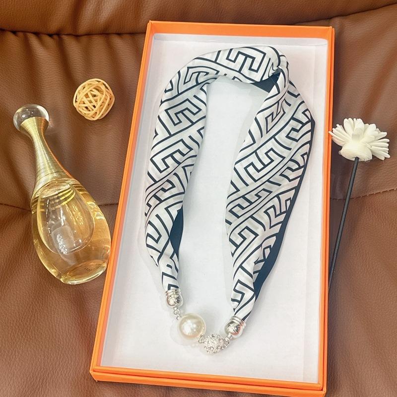 Silk Scarf Women's Spring, Autumn and Summer New Fashion Neck Protection Decoration Long Necklace Type Magnetic Buckle Scarf Small Scarf
