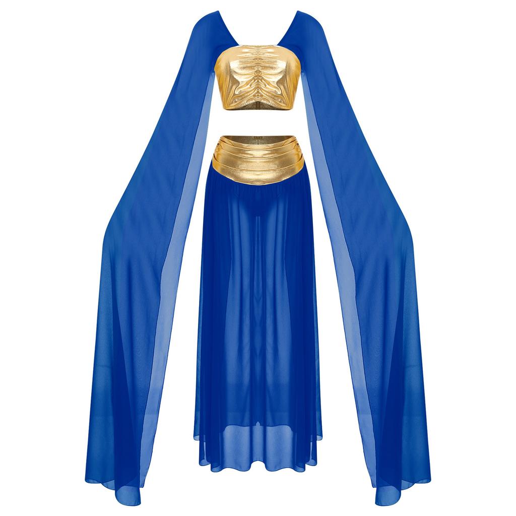 Womens Egyptian Cleopatra Costume Crop Top Split Chiffon Skirt Set Halloween Party Wear