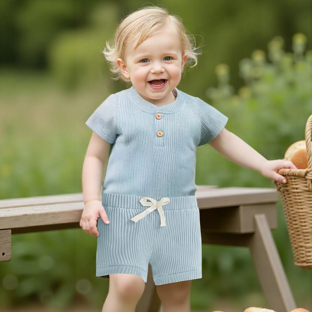 2Pcs Unisex Baby Summer Outfits, Solid Color Ribbed Stand Collar Short Sleeves Romper + Elastic Waist Shorts for Toddler