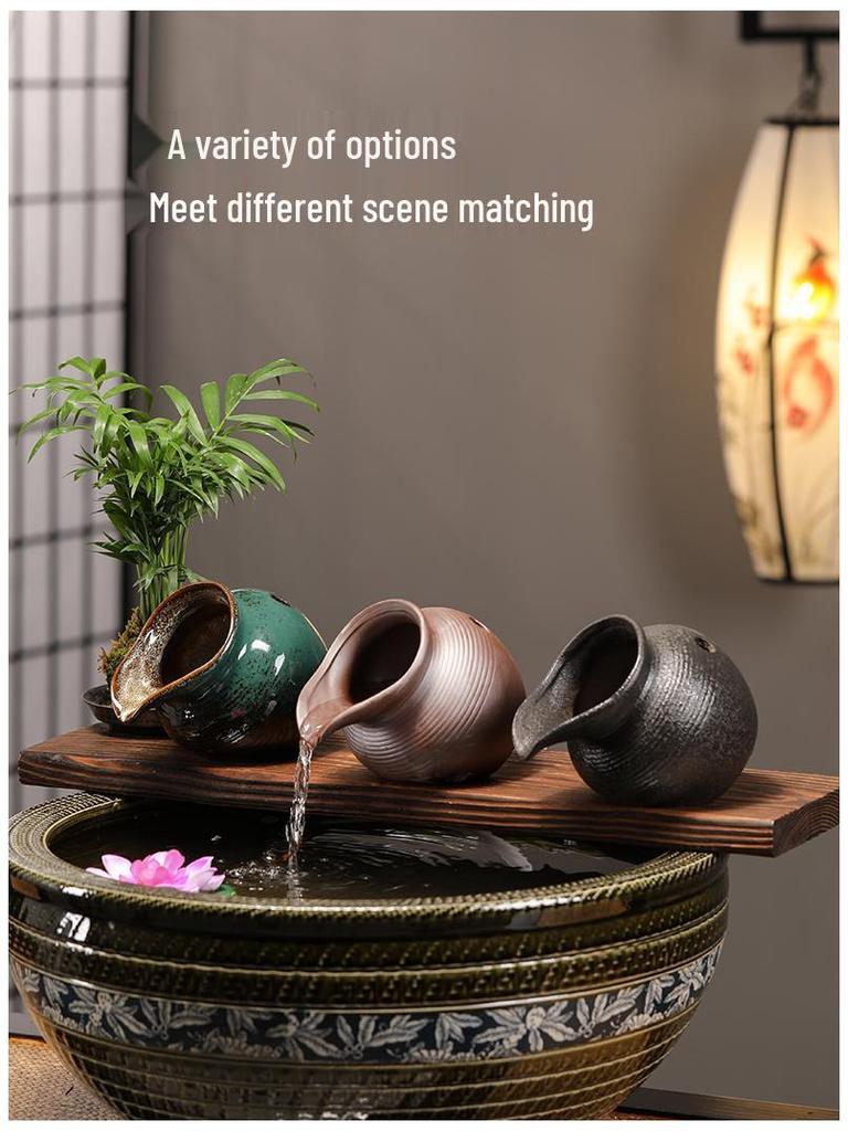Ancient Method Fish Ecosystem: Flowing Water Pottery Jar with Open Circulation for Creative Landscaping and Balcony Décor.