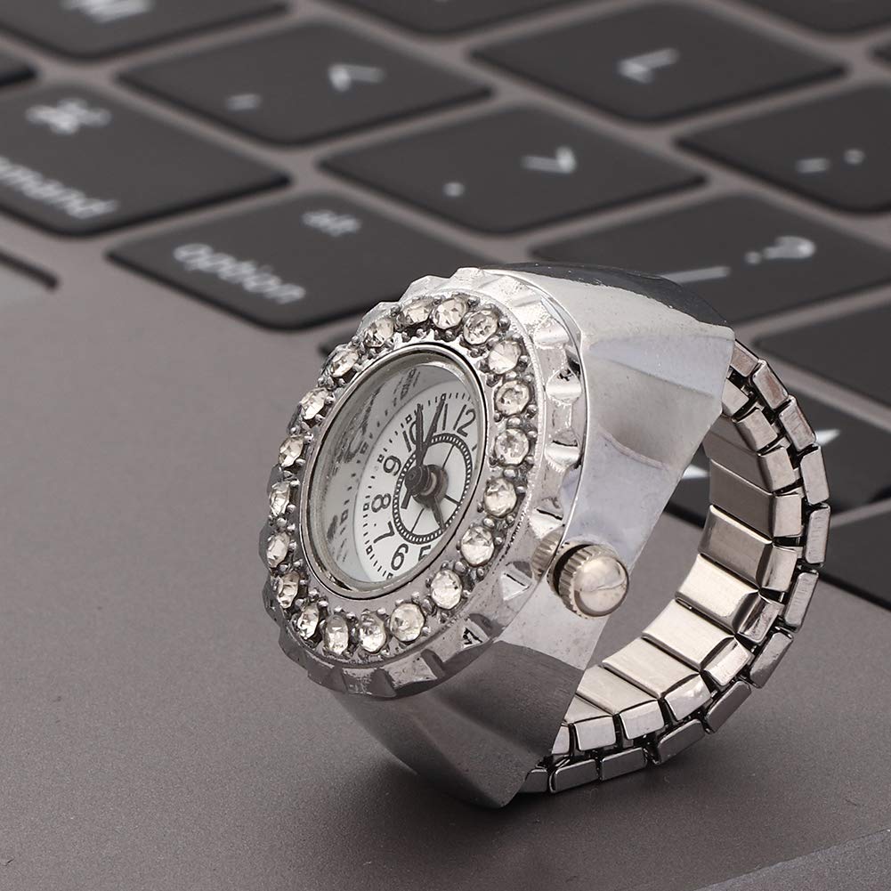 SEAFRONT Sparkling Ring Watch, Casual and Fashionable Rhinestone Finger Quartz Ring Watch, Alloy Beautiful Girl for Women (Silver)
