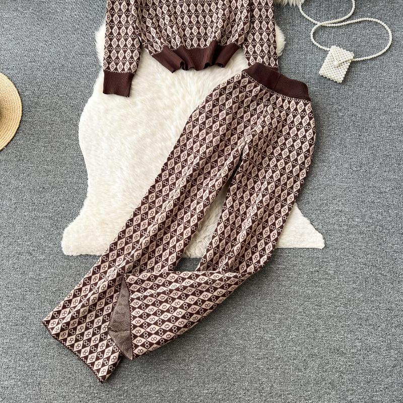 Зимний винтажный элегантный новый комплект из 2 предметов, женские узкие брючные костюмы в американском стиле в стиле ретро, ​​повседневные комплекты с высокой талией и принтом, 2024