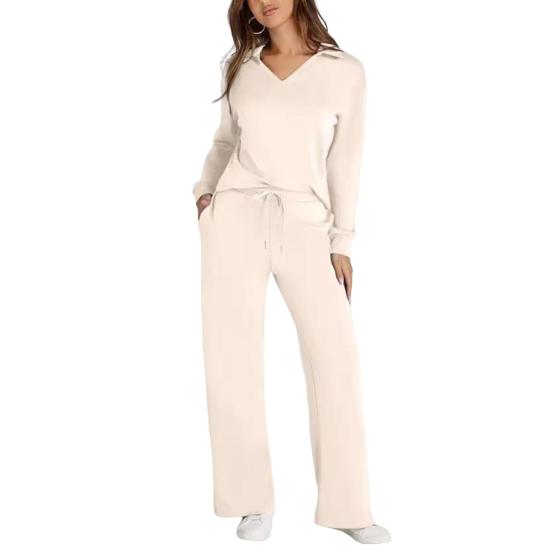 2 Pcs/Set Women Top Pants Suit V Neck Long Sleeves Solid Color Sport Sweatshirt Drawstring Elastic Waist Wide Leg Trousers Fitness Outfit Fall Spring