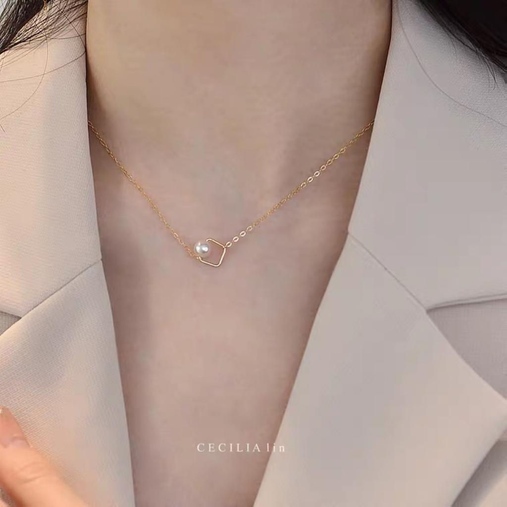 Квадратная и круглая простая женская шейная цепочка темперамент 14K позолоченная натуральная круглая жемчужная бусина цепочка на ключицу тренд
