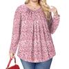 Women's Plus Size Fashion Printed Casual Pleated Round Neck Long Sleeve Top
