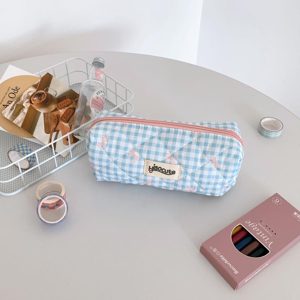 1 шт., милый студенческий пенал для девочек ярких цветов, клетчатая сумка-карандаш с кружевным бантом, мультяшная сумка для хранения канцелярских принадлежностей, школьные принадлежности